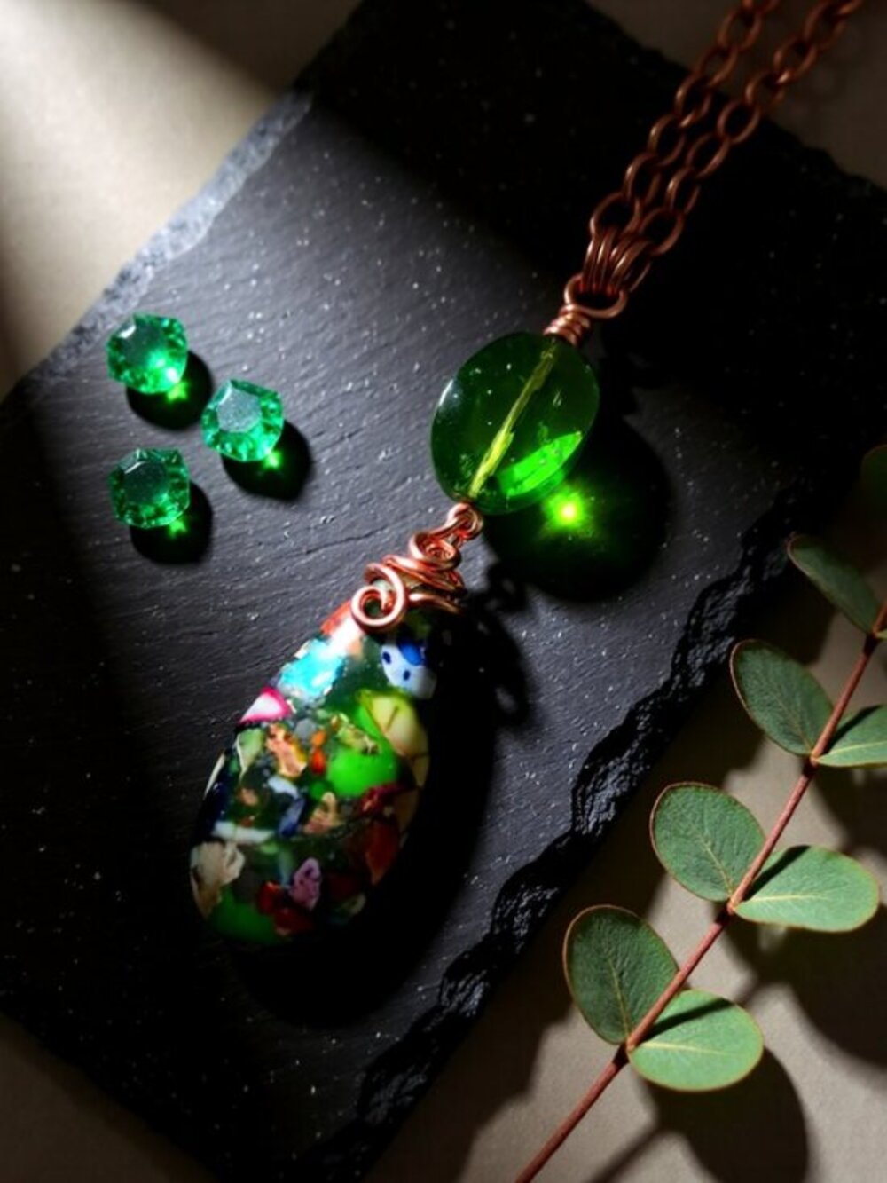 Green & Multi Colored Sea Sediment Jasper Pendant Necklace - Fresh Spring Vibes